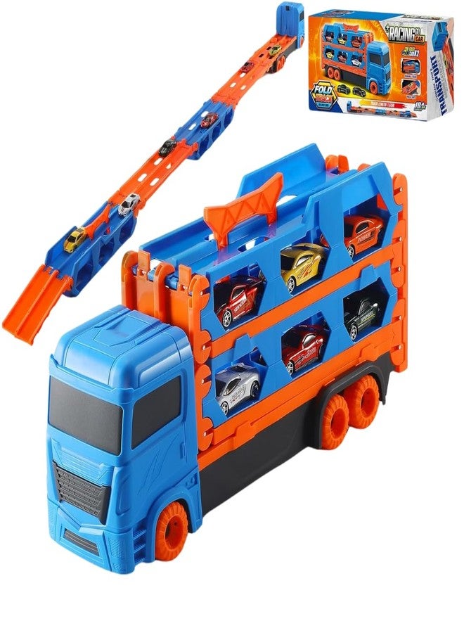 Vikrida Big Hauler Storage & Deform Transport Truck Toy with 2 Foldable Ejection Race Track & 2 Pcs Die cast Cars for Kids - Blue Color - Image 1